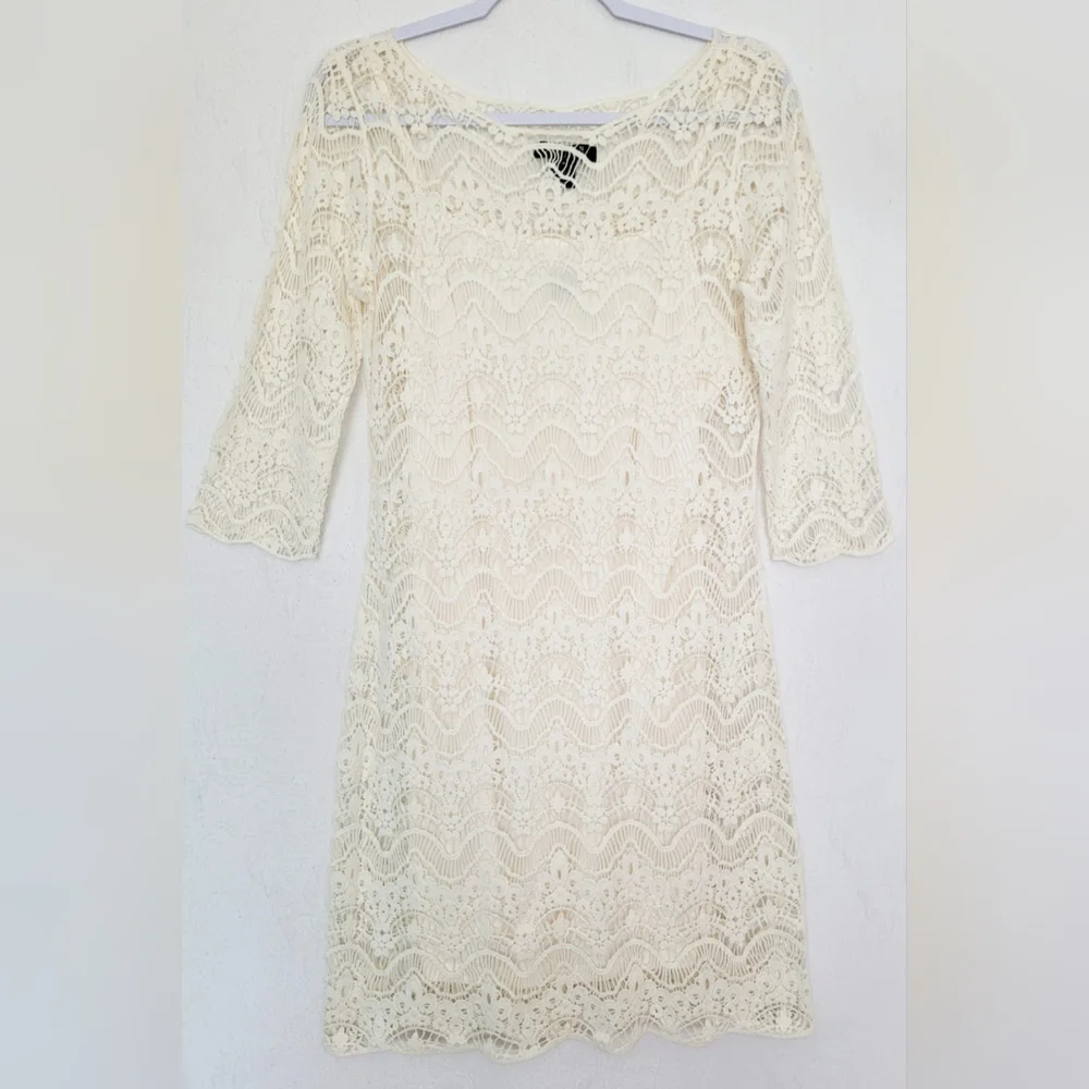Ralph Lauren 100%Cotton White Crochet Sheath Dress 3/4 Sleeve Crew Neck Lined M - Picture 11 of 16